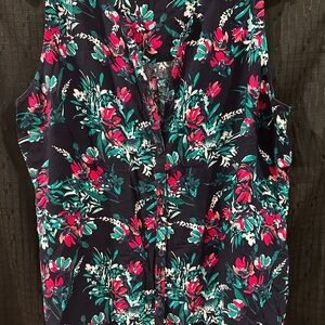 Indigo Navy Floral Sleeveless Blouse Button Front Top Women Size L
